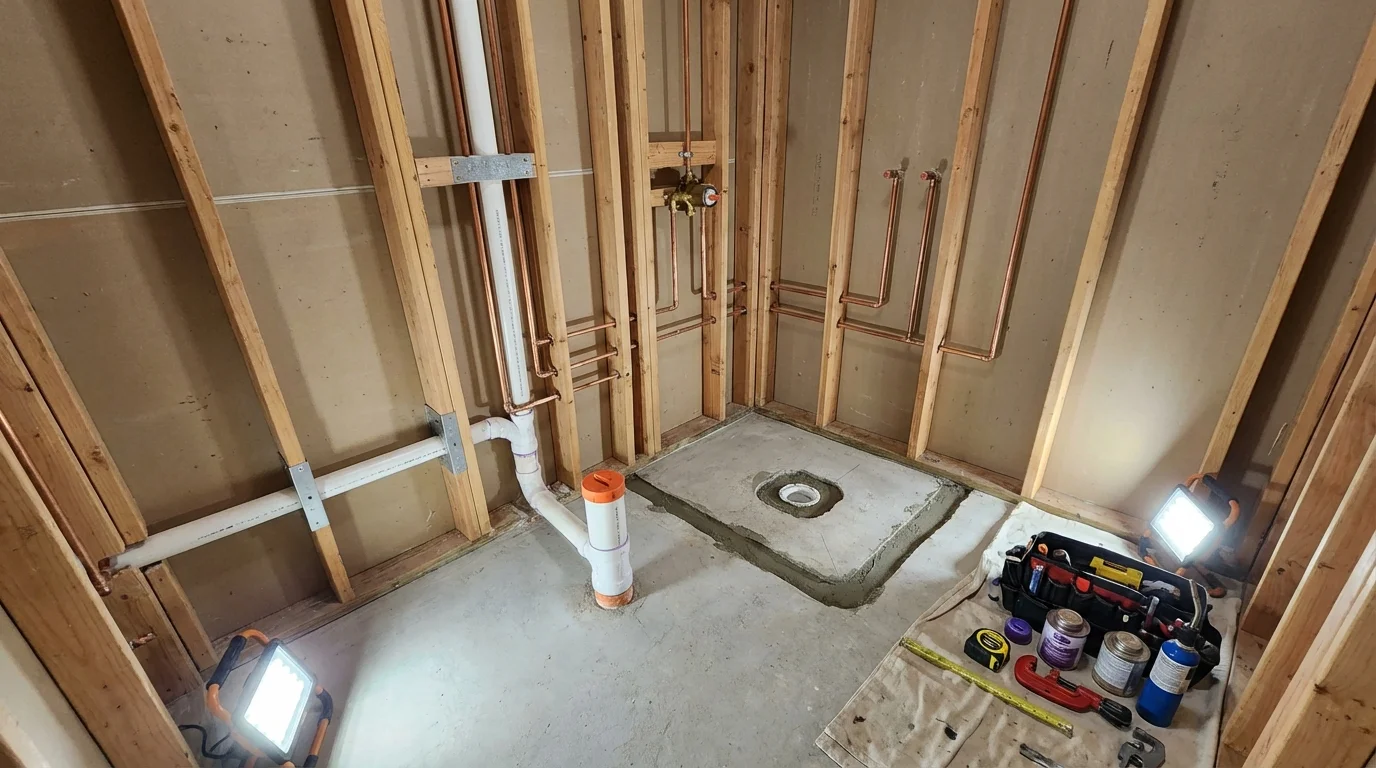 Bathroom rough-in plumbing during remodel by Johns Plumbing LLC in Hailey