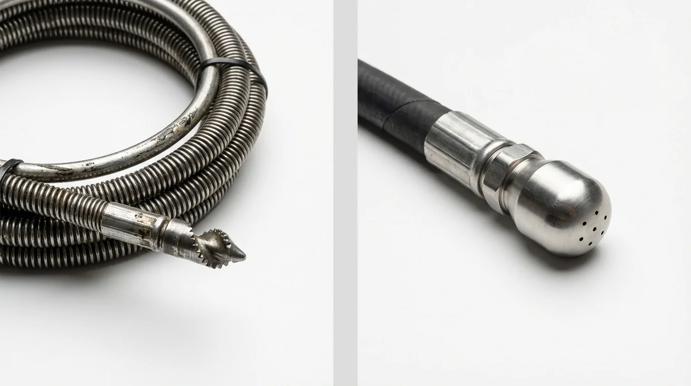 Drain snake cable and hydro jetting nozzle used for drain cleaning in Hailey, ID
