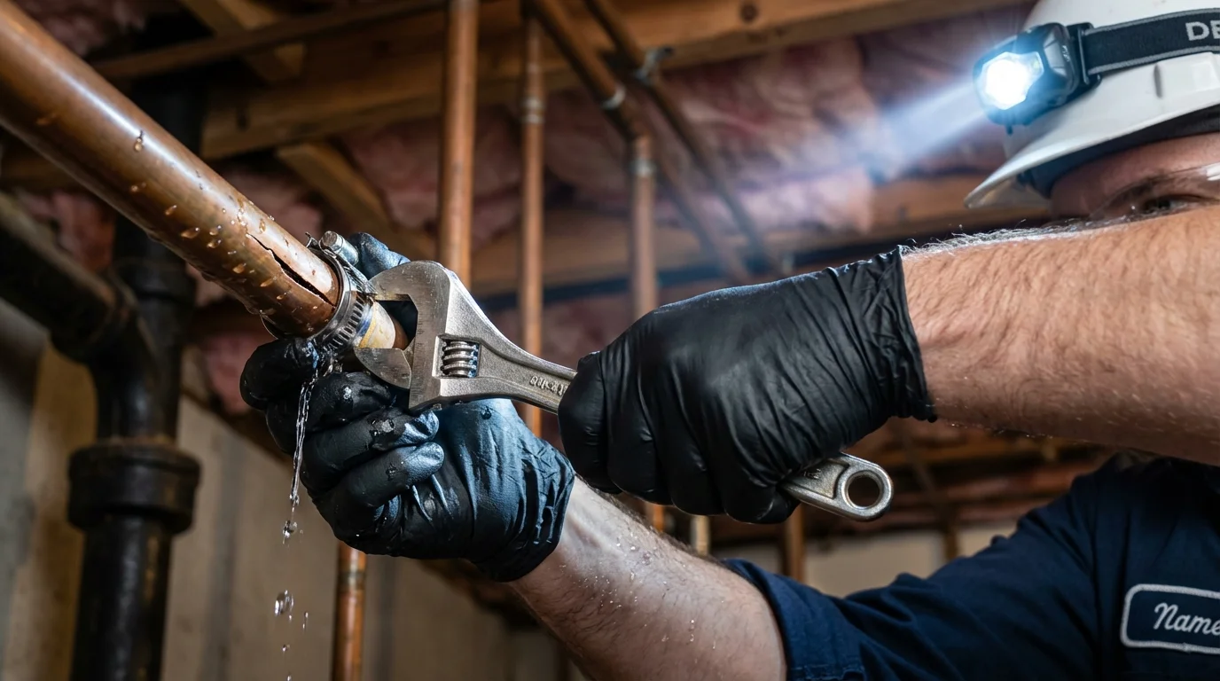 Emergency pipe clamp repair being performed by a Johns Plumbing LLC plumber in Hailey