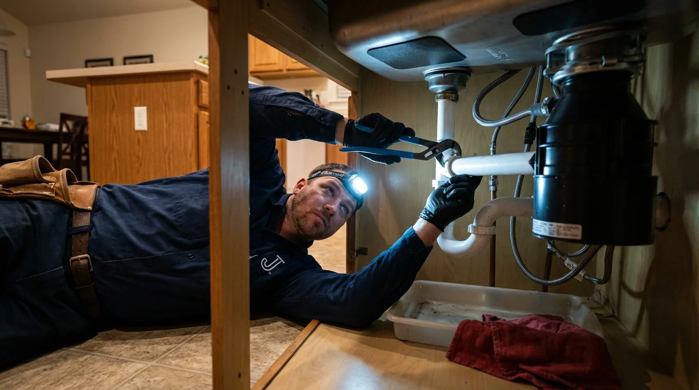 P-trap and supply line connections under a kitchen sink showing a common leak point in Hailey, ID